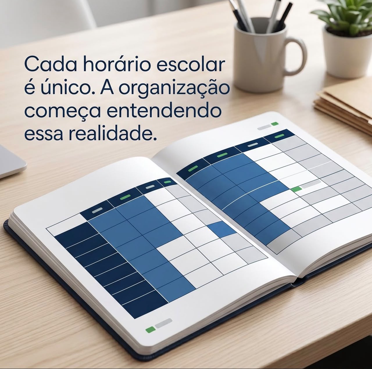 Agenda aberta com representação visual de um quadro de horários escolares e mensagem sobre a realidade de cada escola.
